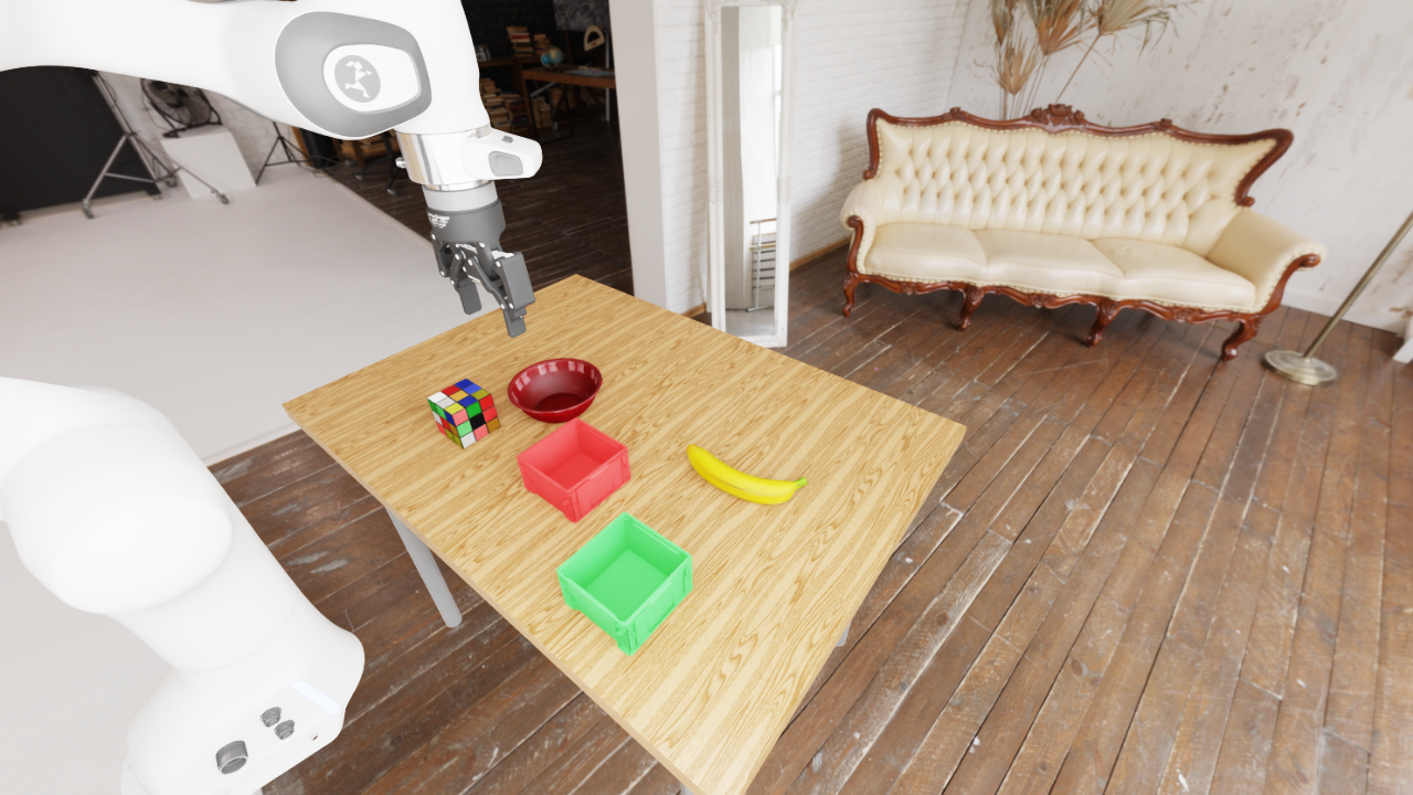 Isaac Sim scene with a Franka arm, banana, puzzle cube, red bowl, and red and green bins.